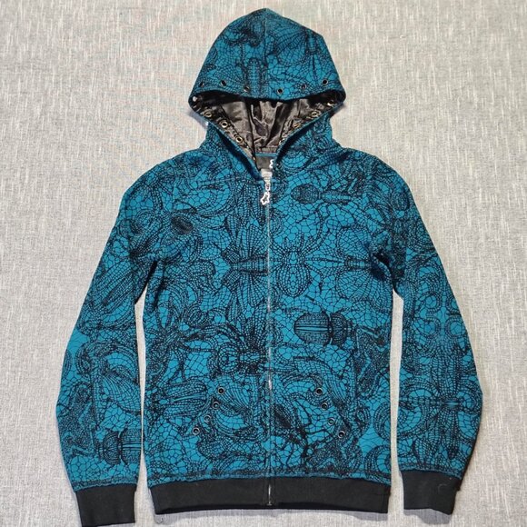 Fox Racing Hoodie Womens Size Medium Black Teal 60/40 Full Zip Spider Web Lace - Picture 1 of 13